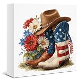 July 4th Decor American Cowboy Boots Wooden Sign, 4th of July Decorations Patriotic Floral Block Sign, Independence Day Home Decor for Desk Table Shelf 5x5 Inches