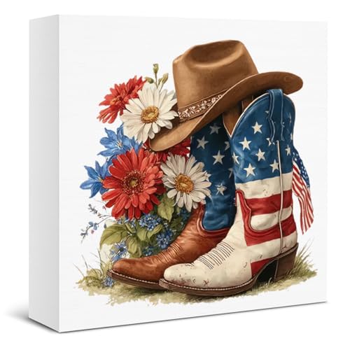 July 4th Decor American Cowboy Boots Wooden Sign, 4th of July Decorations Patriotic Floral Block Sign, Independence Day Home Decor for Desk Table Shelf 5x5 Inches