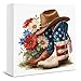July 4th Decor American Cowboy Boots Wooden Sign, 4th of July Decorations Patriotic Floral Block Sign, Independence Day Home Decor for Desk Table Shelf 5x5 Inches