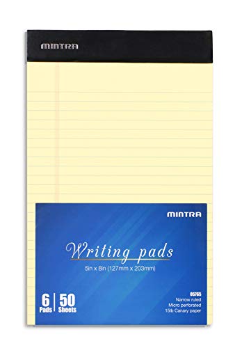 Image of Mintra Office Canary Legal Pads - With Micro-perforated sheets, Smooth-lined paper, Ideal for Office Tasks, Assignments or Notes, Meetings, and Journaling, 6 pack Narrow Ruled, Basic Pad, 5 inchx8 inch