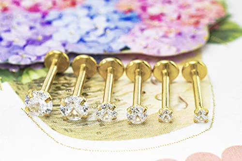 16G Diamond Cz Lip Rings Labret Monroe Nose Tragus Helix Ear Piercing Jewelry Surgical Stainless Steel 2/3/4Mm Cz 8Mm Bar Length 3 Pairs Set (3 Pairs Gold - Bar:8Mm; Cz:2-4Mm) #TOP2