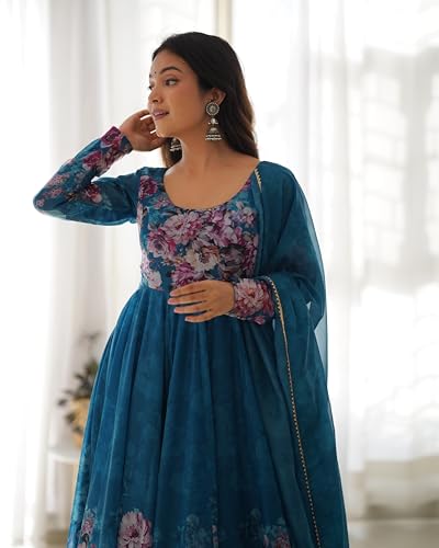 Image of KD Women's Floral Print Anarkali Kurta Set with Pant and Dupatta, Georgette, Full Sleeves, Asymmetric Hemline