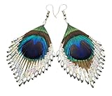 Swimmi Pendientes colgantes iridiscentes de plumas de pavo real, plumas de pavo real plateadas con cuentas a mano, DA168