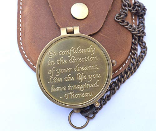 Neovivid Brass Compass Engraved With Thoreau's Go Confidently Quote And Stamped Leather Case, Boys Gifts #TOP2