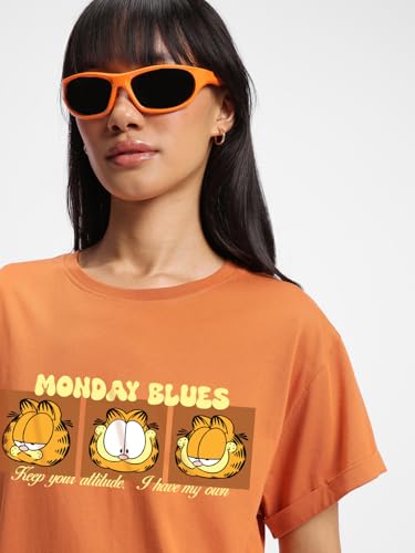 Image of Bewakoof X Official Garfield Merchandise Women's Selective Participation Graphic Printed 100% Cotton T-Shirt - Boyfriend Fit, Round Neck, Half Sleeves, Loose Fit