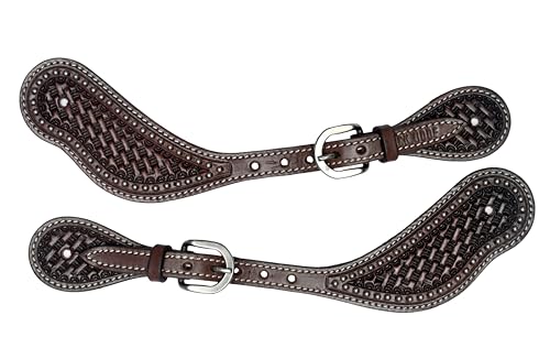 BLACK HOOF Basket Tooled Leather Spur Straps with Silver Spots for Horse Riders | Western Men, Women, Adjustable Single Ply Spur Straps | Equestrian Accessories (Dark Brown)