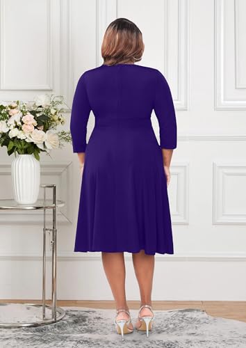 Image of Runwind Women's Plus Size Midi Dress 3 /4 Sleeve Fit and Flare Cocktail Dresses Casual V-Neck Dress with Pockets