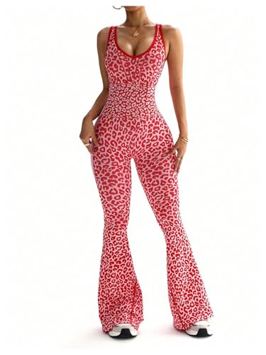 Image of Verdusa Women's Cheetah Print Workout Sets Yoga Jumpsuit Criss Cross Sleeveless Work Out Clothes Flared Pants Jumpsuits