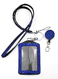 ALL in ONE Rhinestone Lanyard Bling Crystal Necklace + Badge Reel + Card Holder for Business Id/Key (Royal Blue)