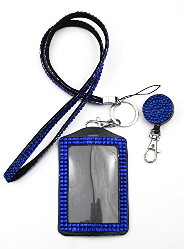 ALL in ONE Rhinestone Lanyard Bling Crystal Necklace + Badge Reel + Card Holder for Business Id/Key (Royal Blue)