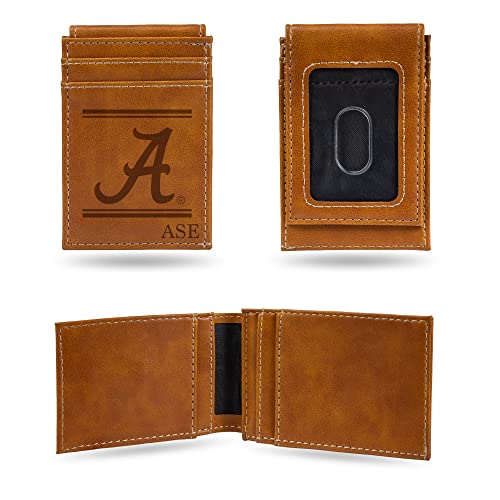 Rico Industries NCAA Alabama Crimson Tide Brown Personalized/Custom Laser Engraved Front Pocket Wallet - Slim/Light Weight - Great Gift Item