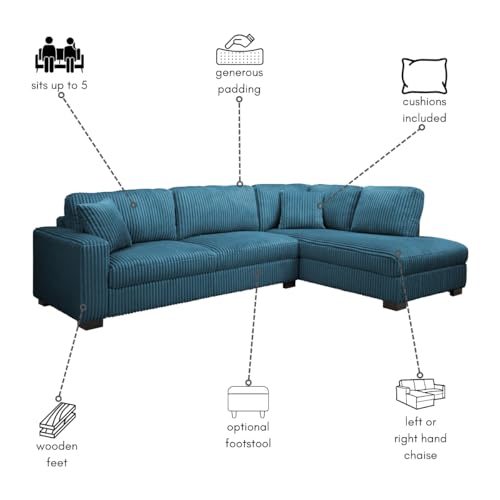 Large Corner Sofa, Left or Right Hand Corner Sofa, Couch in Upholstered Teddy Jumbo Cord or Chenille Fabric, L Shaped Sofas with Optional Footstool (Blue Teddy Jumbo Cord, Right Hand Facing) - Image 5
