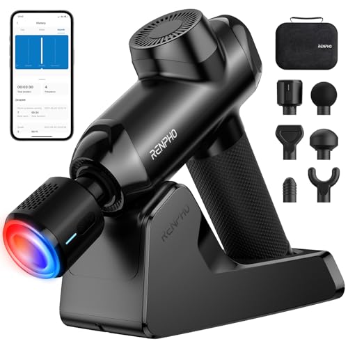 Image of RENPHO Power+ Thermacool Deluxe Massage Gun with Heat and Cold, 12mm Amplitude Deep Tissue Percussion Massager with Charging Stand, App Controlled Guided Course, 6 Speeds