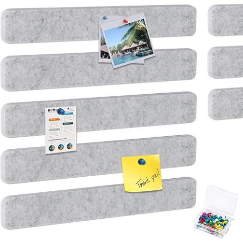 HyFanStr 8 Pcs Felt Pin Board Bulletin Board Strip Bar, Light Grey Memo Board with 40 Push Pins, Cork Board for Bedrooms Home 38x5cm Cover