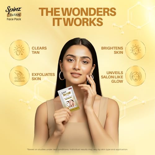 Image of Spinz DeTan Face Pack with Besan, Honey & Kojic Acid | Tan Removal cream for Brightening & Glow | Salon-like Glow in 15 mins | 72g, Pack of 6 (12g x 6)