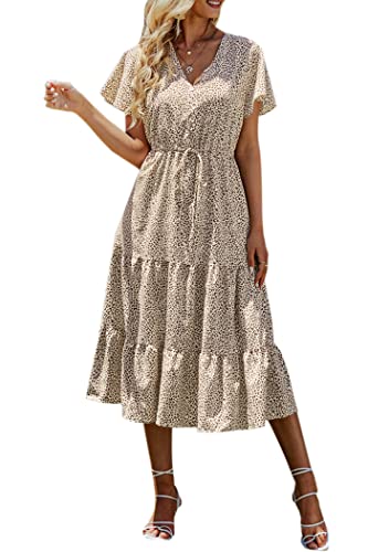 PRETTYGARDEN Summer Floral Dress for Women 2025 Casual Boho Short Sleeve Maxi Dresses V Neck Tiered Flowy Beach Sundress