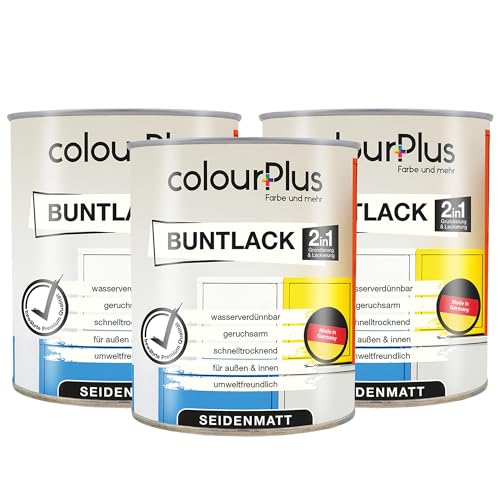 colourPlus 2in1 Buntlack Seidenmatt (2,25L Reinweiß/Weiß RAL 9010) – Wetterfeste Holzfarbe Holzlack Küchenmöbellack. Schnelltrocknend, Für Innen Außen