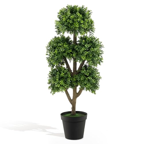 GOFLAME 45” Artificial Boxwood Topiary Ball Tree, Faux 5-Ball Potted Topiary Plant in Cement-filled Pot, Indoor Outdoor Greenery Decorative Topiary Tree for Home, Office, Front Porch