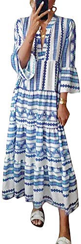 Minetom Damen Kleider Strand V-Ausschnitt A-Linie Kleid Langarm...