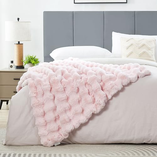 JONIYEAR Decorative Large Pink Bubble Faux Rabbit Fur Bed Blanket Full Size 70" x 80",Double Sided Soft Cozy Accent Warm Furry Blanket for Winter,Lovely Cute Big Washable Fuzzy Blankets for Women Girl