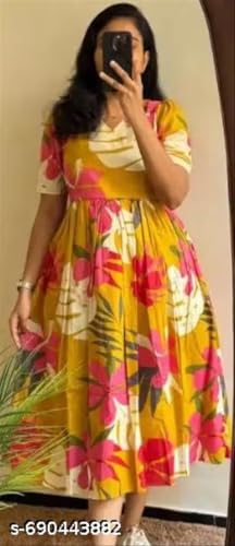 Image of Yellow Floral Print Midi Dress and Kurta, Short Sleeve Fit and Flare Summer Kurta with Gathered Waist