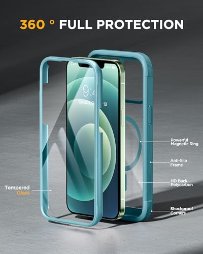 Image of Miracase Glass Series Designed for iPhone 12 /12 Pro 6.1 Inch, Upgrade Full-Body Magnetic Case with Built-in 9H Tempered Glass Screen Protector, with Camera Lens Protector, Magnetic Green