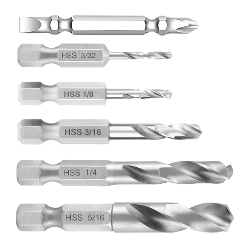 Forets en Métal 5 Pièces 1/4, 1 Pièce à Queue Hexagonale Jeu de Foret Hexagonal pour Fixation D'angle et Utilisation en Espace Confiné, 3/32, 1/8, 3/16, 1/4, 5/16 Pouces Avec Tournevis à (Gris)