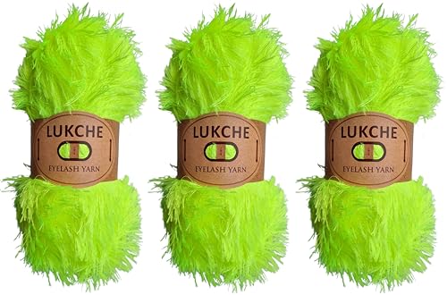 Image of Eyelash Fun Fur Yarn Premium 100% Polyester 164 Yds (150 Mt), 3.53 Oz (100 Gr) Colorful Crochet Yarn Dıy Hand Knitting. (Neon Green, 3 Skein)