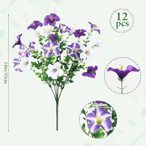 KHOYIME Artificial Flowers for Outdoor Decoration, 12PCS Faux White Purple Petunias Silk Flower UV Resistant Realistic Fake Plants for Outside Planter Garden Porch Yard Spring Summ image 3