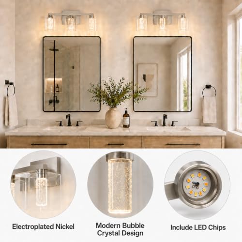 Image of LED Vanity Lights for Bathroom,3 Light Electroplated Nickel Bathroom Light Fixtures Over Mirror,3 Color Lighting with Crystal Bubble Glass&Clear Glass Shade,Modern Vanity Light for Bathroom