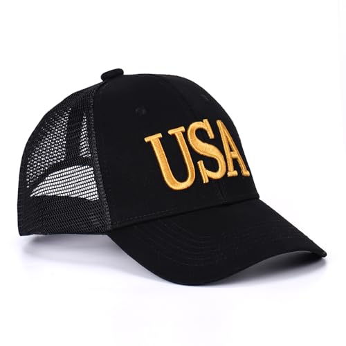 Image of USA Trucker Hat for Men & Women American Flag Cap Adjustable Baseball Cap Mesh Snap Patriotic 3D Embroidered Cap
