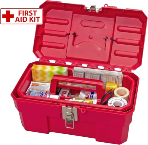 Image of Akro-Mils 14-Inch Plastic Toolbox with Removable Tray, Steel Latch & Padlock Eye, Heavy Duty Tool Box for Tools, Crafts, First Aid & Hobby Supplies, 14 inch x 8 inch x 8 inch, Made in USA, 6-Pack, Red (09514)