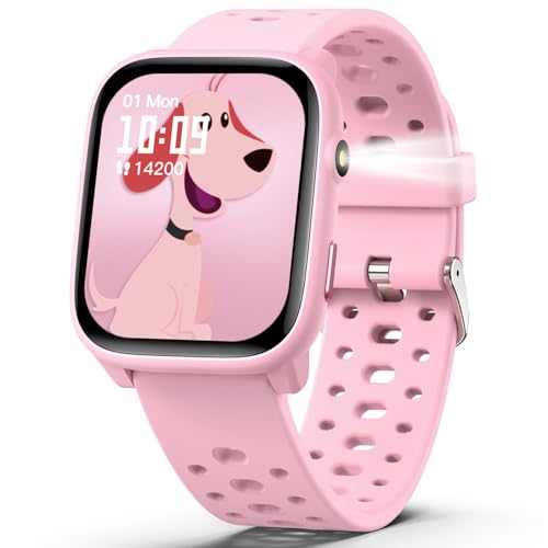 Kids Smart Watches Girls Gift Age 6-12 with 12 Puzzle Games, Heart Rate, Sleep Monitor, Pedometer, Flashlight, 1.83