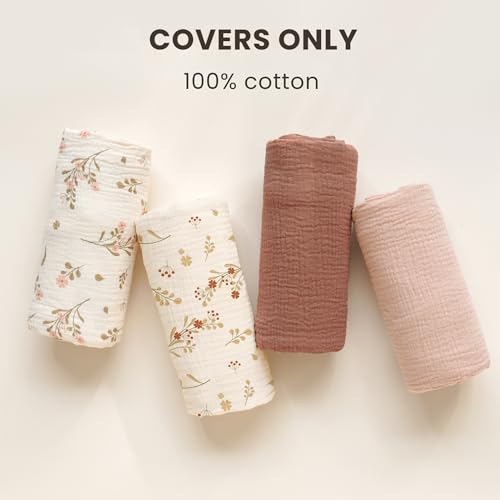 Image of Konssy Muslin Baby Lounger Cover 2 Pack, 100% Cotton Newborn Lounger Cover, Soft and Breathable Baby Nest Slipcover for Boys Girls (Chestnut, Posy)