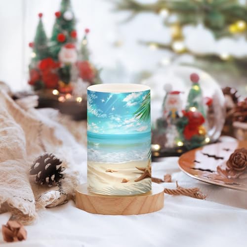 Image of Flickering Flameless Candles, Palm Leaves Starfish Beach LED Candles with Remote Timer, Set of 2 Battery Operated Candle for Valentine Wedding Birthday