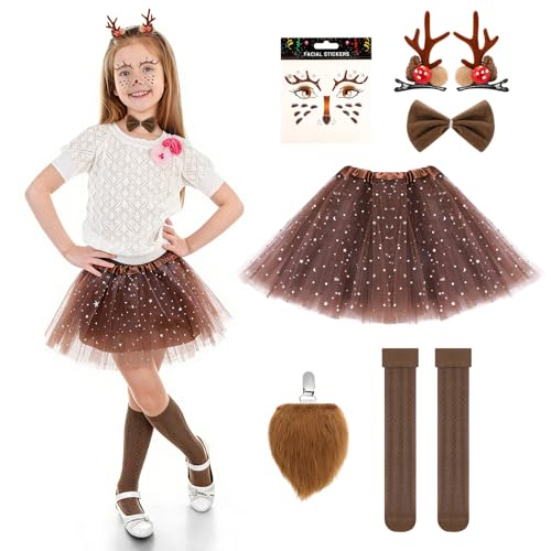 Kaisibum 8 Stück Rentier Kostüm Mädchen mit Rentier Weihnachts Haarschmuck Tütü Temporäre Tattoos Fliege Socken und Hirschschwanz Elchkostüm für Kinder Karneval Halloween Cosplay Kostüm