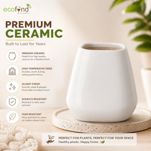 Image of ecofynd 3.5 Inch Ceramic Plant Pots with Drainage Hole, Modern Decorative Clay Flower Pots for Indoor Plants, Office, Living Room, Decorative Tabletop Planters for Home, Bedroom & Shelf (CPOT048-WHT)