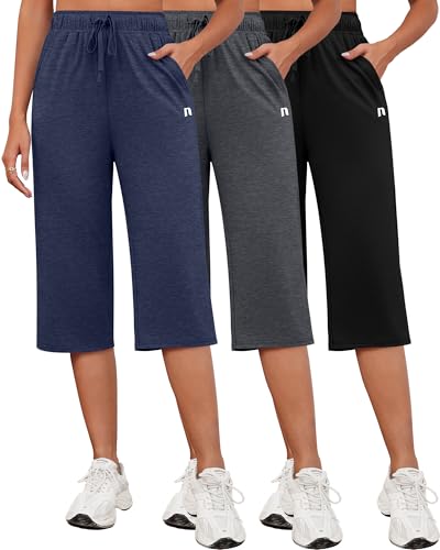 Neer 3 Pack Women's Capri Pants, Cotton Wide Leg Basic Sweatpants Lounge Loose Fit Casual Drawstring Yoga Capris with Pockets2