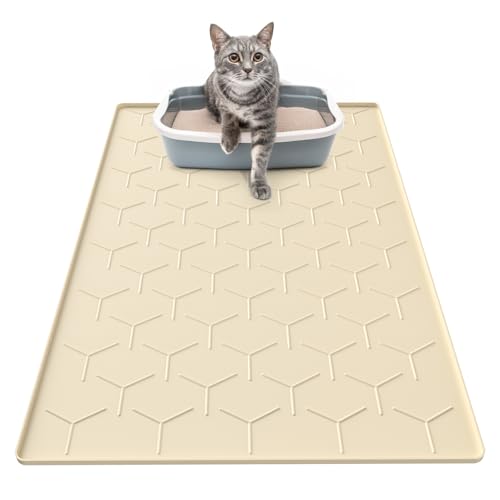 Image of Garoopion Silicone Cat Litter Mat 34x22 inch, Easy to Clean, Beige