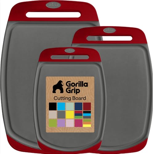 Image of GORILLA GRIP BPA-Free Reversible Kitchen Cutting Board Set of 3, US Designed, Nonporous, Juice Grooves Catch Liquid, Slip Resistant Border, Dishwasher Safe, Durable Large Food Chopping Boards,Gray Red