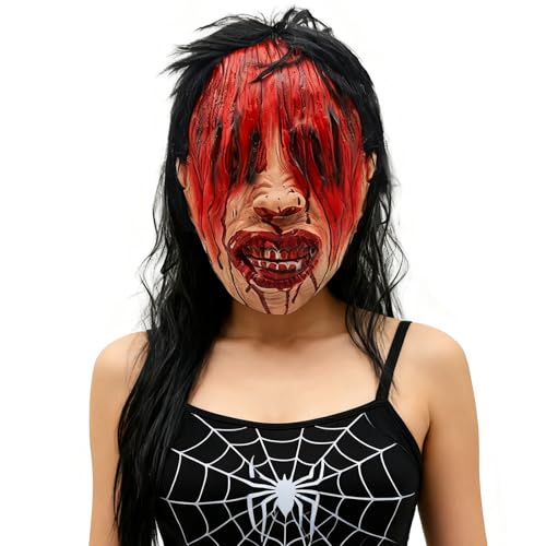 VANEXUAO Scary Mask with Long Hair, Latex Head Mask for Halloween Themed Cosplay Party Props
