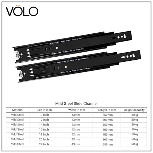 Image of Volo Heavy Duty Drawer Slides, Full Extension Ball Bearing Runners | Pack of 2 Piece | Channels for Kitchen Cabinets, Wardrobes, and Dressers (Black Mild Steel, 10 Inch)
