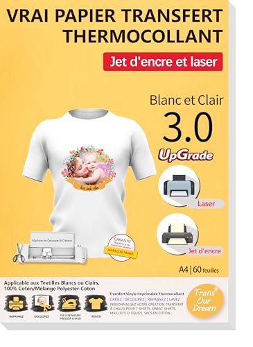 TransOurDream 60 Feuilles A4 Papier Transfert pour Textile Blanc ou Clair 3.0 + 6 papiers sulfurisés, HTV vinyle, Imprimantes Jet d'Encre & Laser, Non...