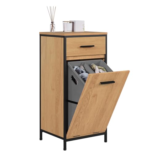 EUGAD Badezimmerschrank mit faltbarem Wäschesack, Wäscheschrank Wäschesammler Wäschekorb mit Schublade, Badschrank Badmöbel mit Metallrahmen, helle Eiche + Schwarz, 38x80x34 cm