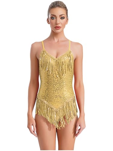 Yhong Maillot de lentejuelas para mujer, con flecos, para gimnasia, leotardo, sin mangas, latino, rumba, body, borla, ballet, dancewear, dorado, S
