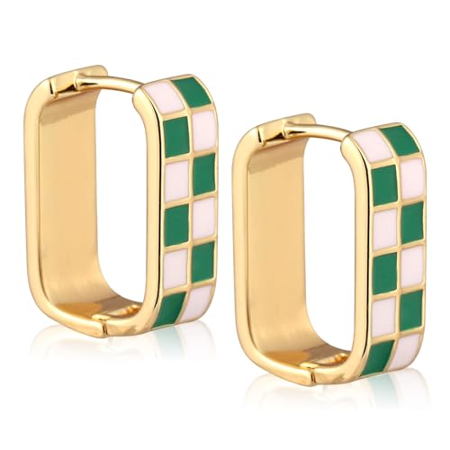 Pendientes de Cuadros, Verdes y Dorados Vintage Rectangulares con Diseño de Tablero de Ajedrez con Aros Grandes Modernos para Mujer Cumpleaños Navidad San Valentín Regalos de Joyería