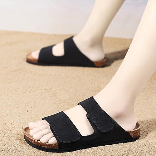 GHYUBYER Slippers for Men Summer Beach Open Toe，Men’s Cow Suede Leather Slide Sandals，2-Strap Adjustable Buckle (Color : Black, Size : 43EU)2