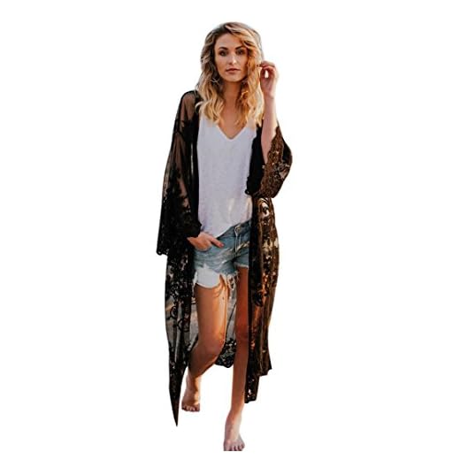 URSING_Damen Böhmischer Stil Spitze Kimono Beach Langer übergroßer Mantel Maxikleid Bademode Strandkleider Strandponcho Urlaub Bikini Kleid Cover-up offene Front Outfits Beachwear (Schwarz)