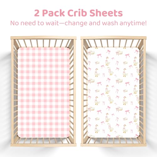 Image of Baby Crib Sheets Girl 2 Pack, Pink Bow Toddler Bed Sheets, Extra Breathable, Soft, Stretchy Microfiber, 28 inchx 52 inch Fitted Sheet for Standard Crib & Toddler Mattress (Goose & Gingham)