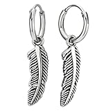 Herren Damen Edelstahl Kreis Creolen Huggie Ohr Manschette Ohrringe mit Baumelnde Feder Blatt